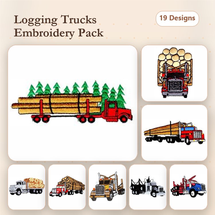 Logging Trucks Embroidery Designs Bundle – Logging Truck with Trees, Pickup Truck with Logs, Dump Truck with Wood & More (19 Designs)