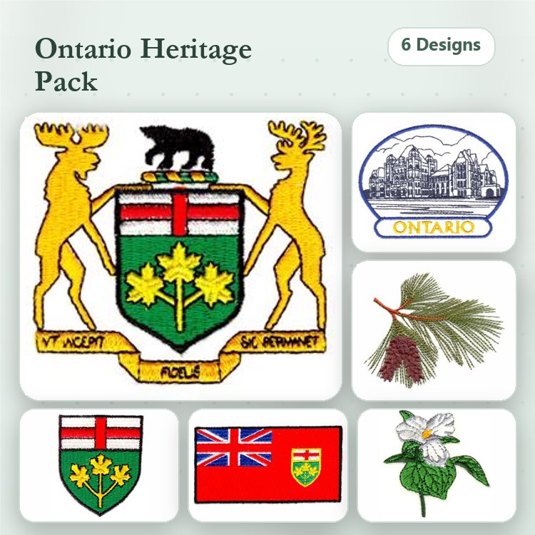 Ontario Heritage Embroidery Designs Bundle – Ontario Coat of Arms, Ontario Flag, British Flag & More (6 Designs)