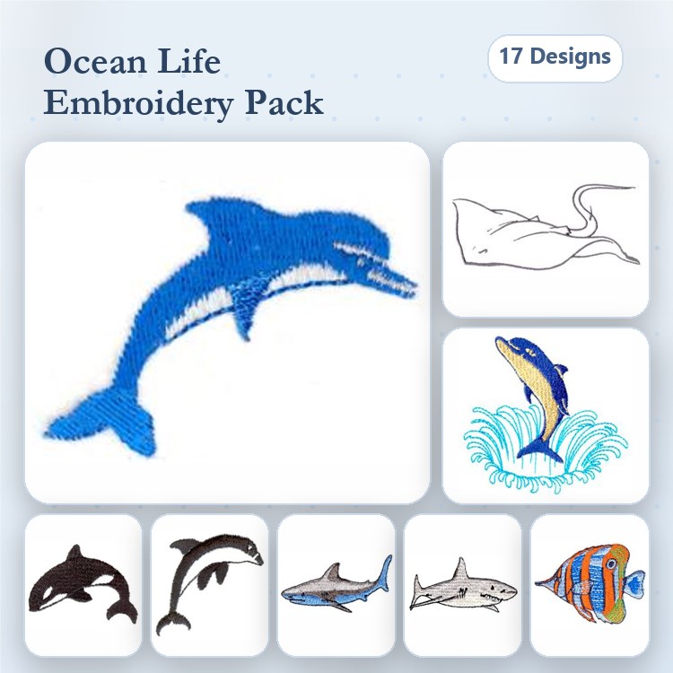 Ocean Life Embroidery Designs Bundle – Dolphin, Whale, Shark, Surfing Dolphin & More (17 Designs)