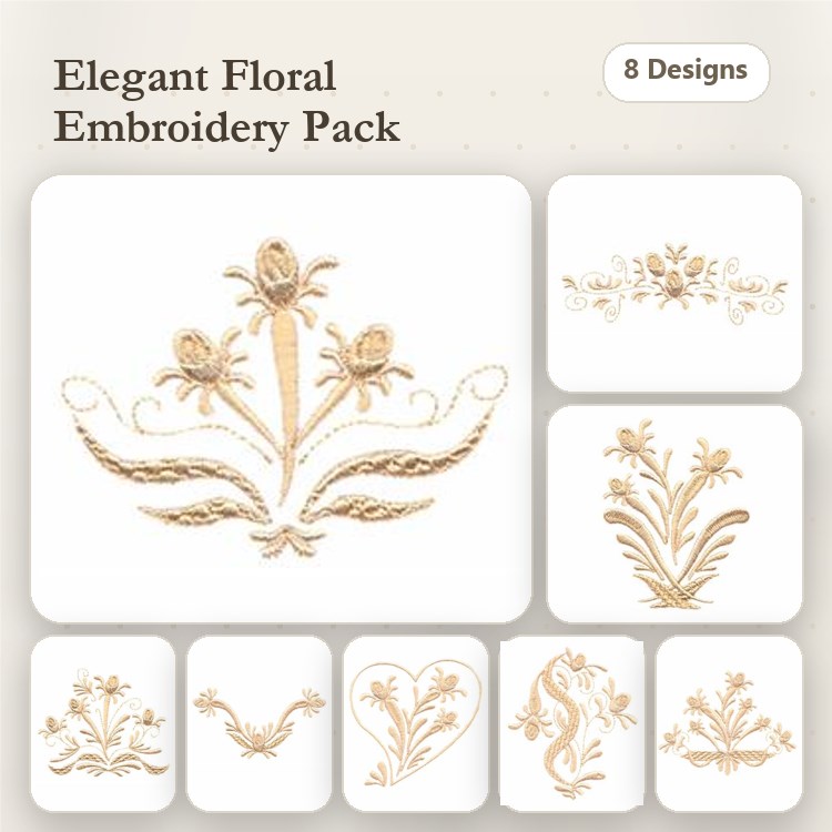 Elegant Floral Embroidery Bundle – Tulips, Floral Heart, Decorative Scroll & More (8 Designs)
