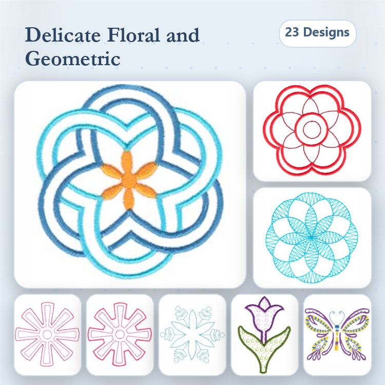Redwork Floral & Geometric Embroidery Designs Bundle – Flower Outline, Geometric Star, Butterfly Outline & More (23 Designs)