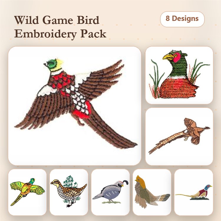 Wild Game Birds Embroidery Bundle – Pheasant, Woodpecker, Quail, Duck & More (8 Designs)