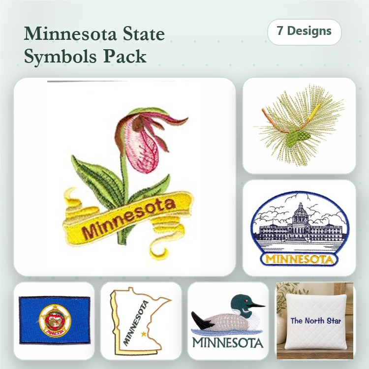 Minnesota State Symbols Embroidery Designs Bundle – Lady Slipper Flower, State Seal, North Star & More (7 Designs)