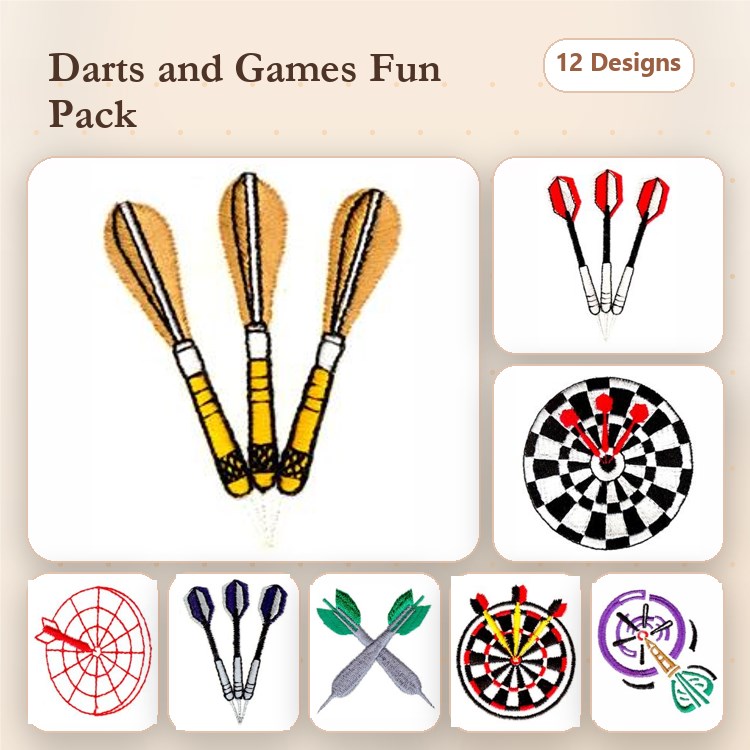 Darts and Games Embroidery Designs Bundle – Dartboard, Darts in Flight, Dart Game Score Sheet & More (12 Designs)