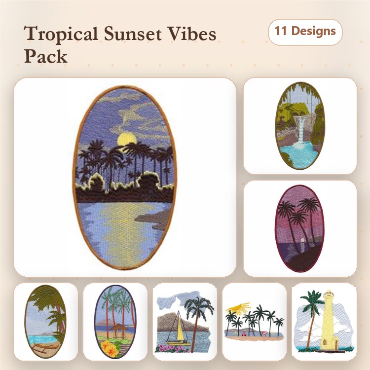 Tropical Sunset Embroidery Designs Bundle – Palm Trees, Ocean, Lighthouse & More (11 Designs)