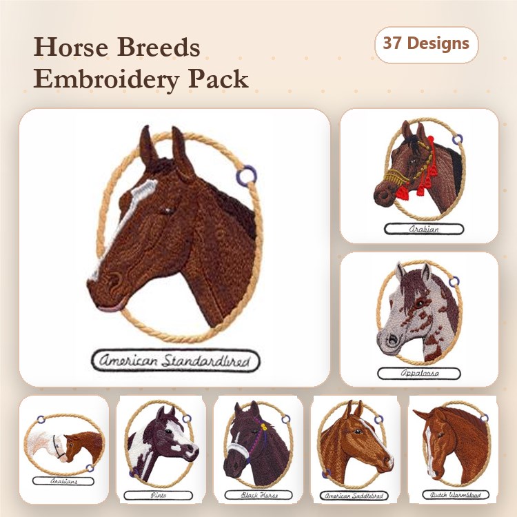 Horse Breeds Embroidery Bundle – American Standardbred, Appaloosa, Arabian Horse & More (37 Designs)