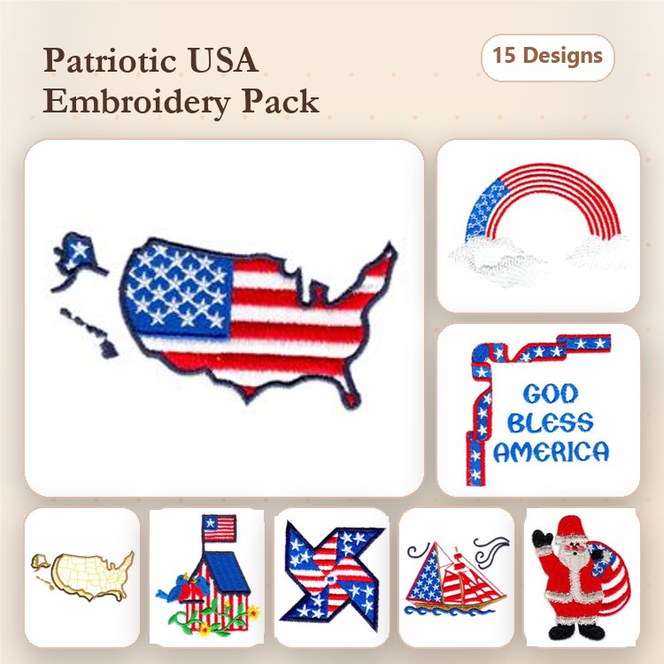 Patriotic USA Embroidery Bundle – USA Map with Flag, American Flag Rainbow, God Bless America Sign & More (15 Designs)