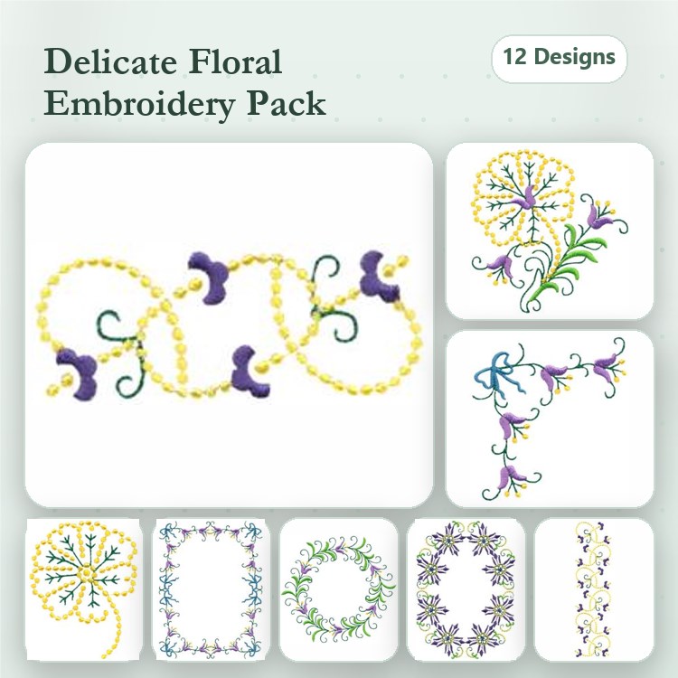 Floral Embellishment Embroidery Designs Bundle – Floral Scroll, Curly Floral Design, Ornamental Flower & More (12 Designs)