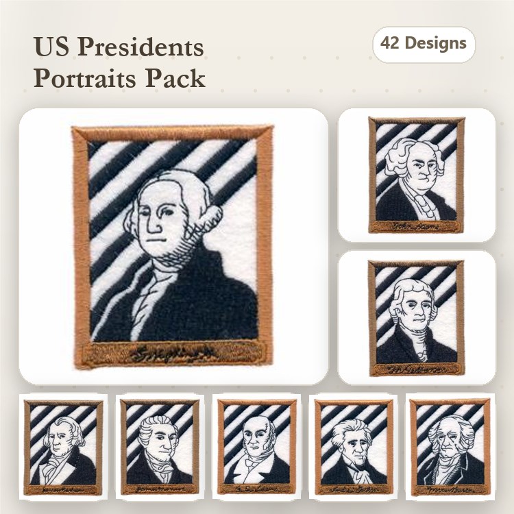 US Presidents Portraits Embroidery Designs Bundle – George Washington, Abraham Lincoln, Thomas Jefferson & More (42 Designs)