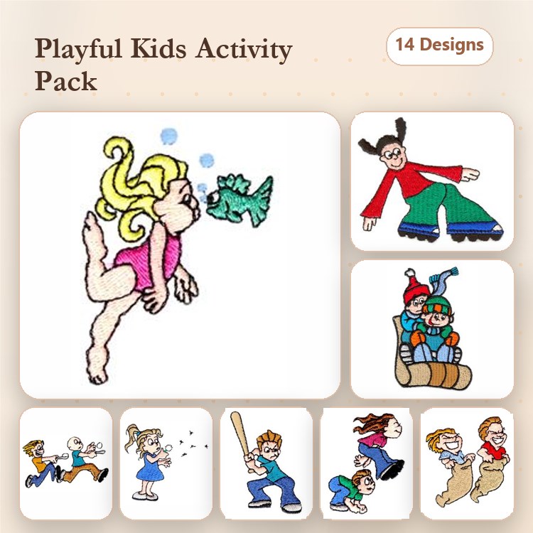 Playful Childhood Activities Embroidery Designs Bundle – Girl Swimming with Fish, Kids Sledding, Two Kids Laughing & More (14 Designs)