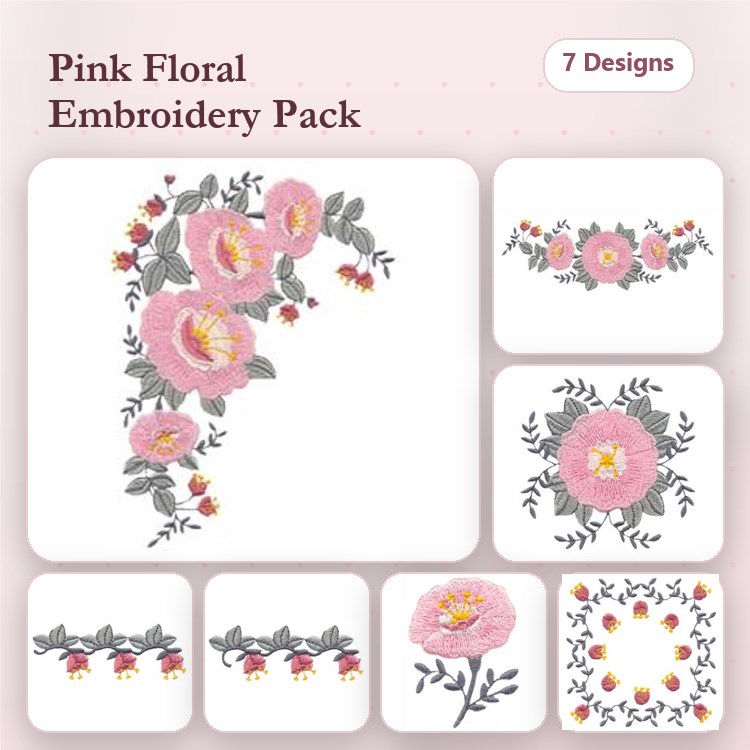 Floral Embroidery Designs Bundle – Pink Floral Cluster, Large Pink Flower, Floral Border & More (7 Designs)