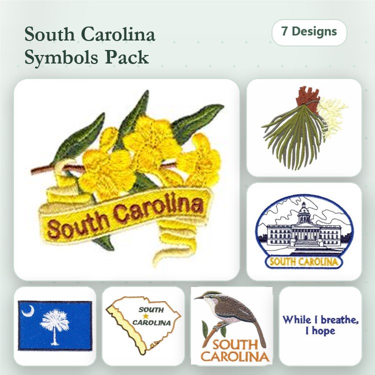 South Carolina Symbols Embroidery Designs Bundle – Carolina Yellow Jessamine, South Carolina Seal, Bird with State Motto & More (7 Designs)