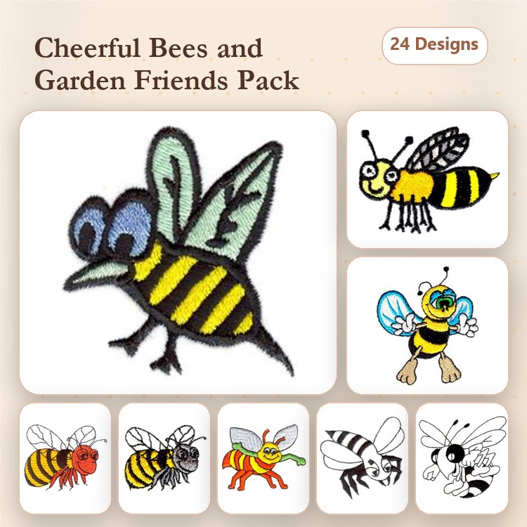 Cheerful Bees & Garden Creatures Embroidery Designs Bundle – Happy Bee, Friendly Bee, Laughing Bee & More (24 Designs)