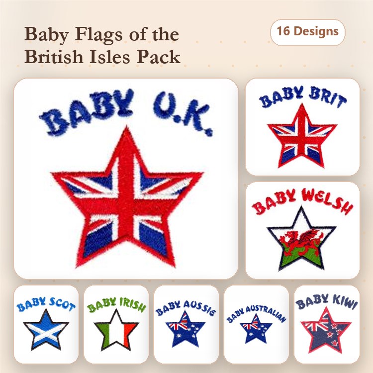 Flags of the British Isles Embroidery Designs Bundle – Baby U.K. Flag, Baby Brit Flag, Baby Welsh Flag & More (16 Designs)