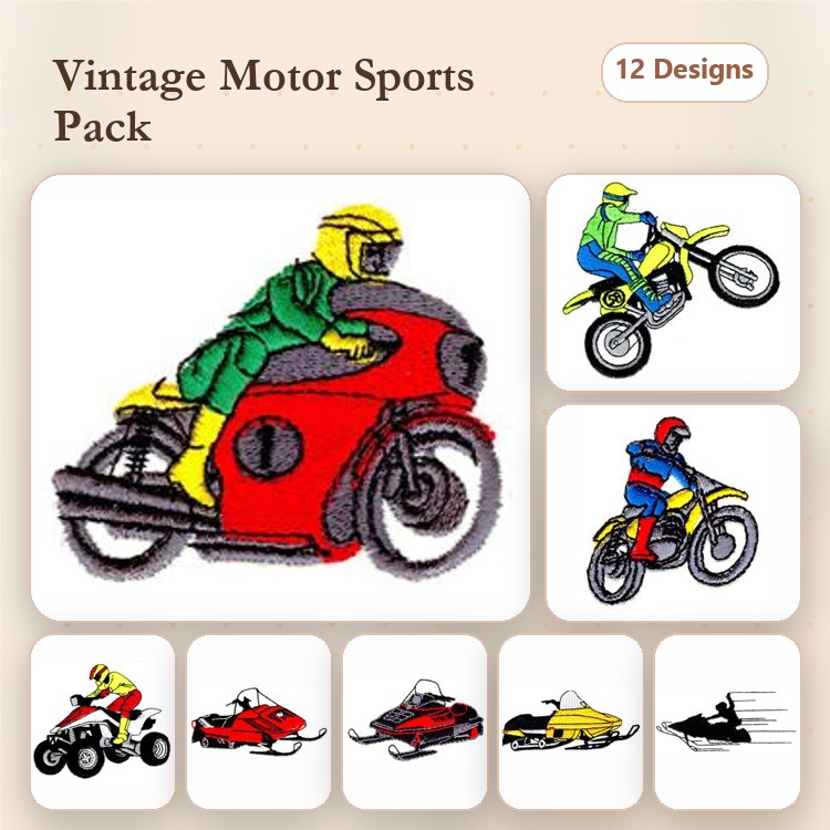 Vintage Motor Sports Embroidery Designs Bundle – Motorcycle Racer, Dirt Bike Racer, Snowmobile & More (12 Designs)