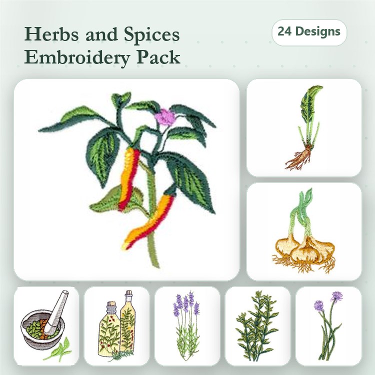 Herbs and Spices Embroidery Bundle – Chili Pepper, Onion Bulbs, Lavender & More (24 Designs)