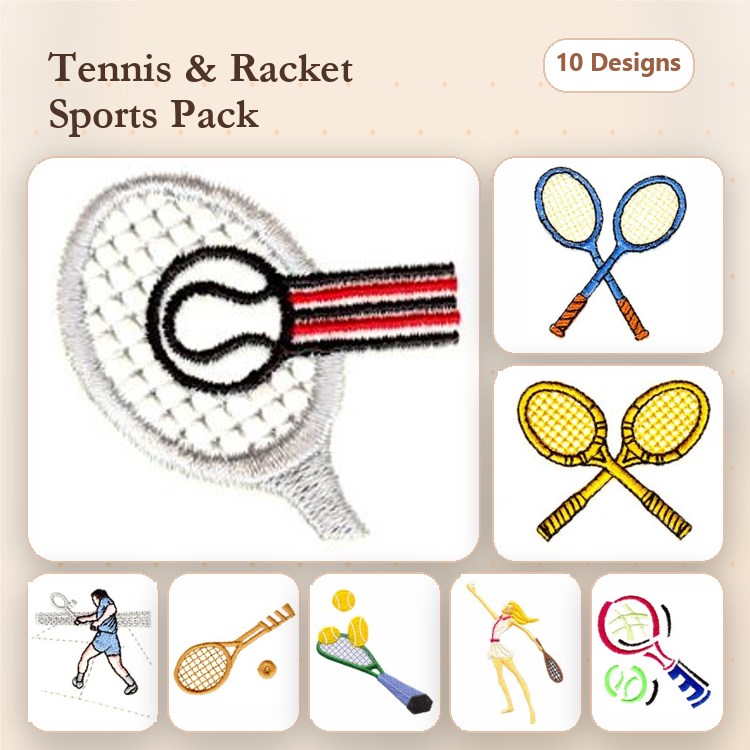 Tennis Embroidery Designs Bundle – Tennis Racket, Tennis Player, Tennis Ball & More (10 Designs)