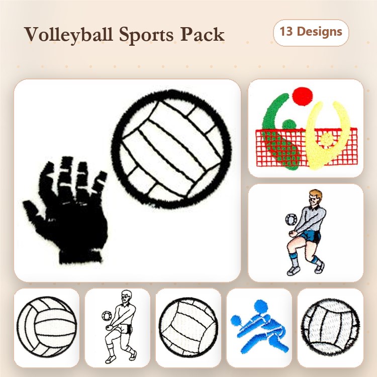 Volleyball Sports Embroidery Designs Bundle – Player Serving, Player Spiking, Volleyball Icon & More (13 Designs)