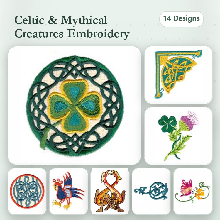 Celtic & Mythical Symbols Embroidery Designs Bundle – Knot, Unicorn, Dragon, Rooster & More (14 Designs)