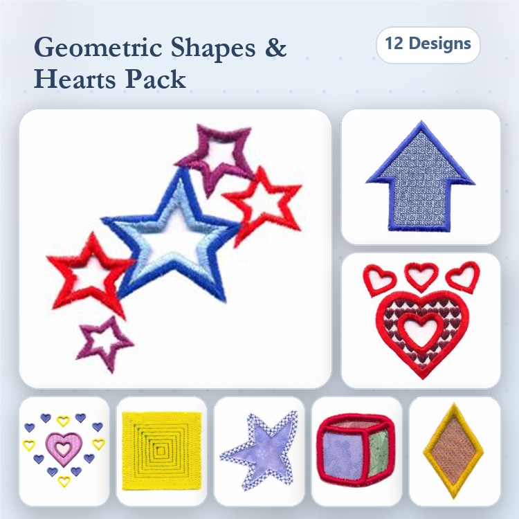Geometric Shapes & Hearts Embroidery Designs Bundle – Star Shape, Heart Shape, Cube Shape & More (12 Designs)