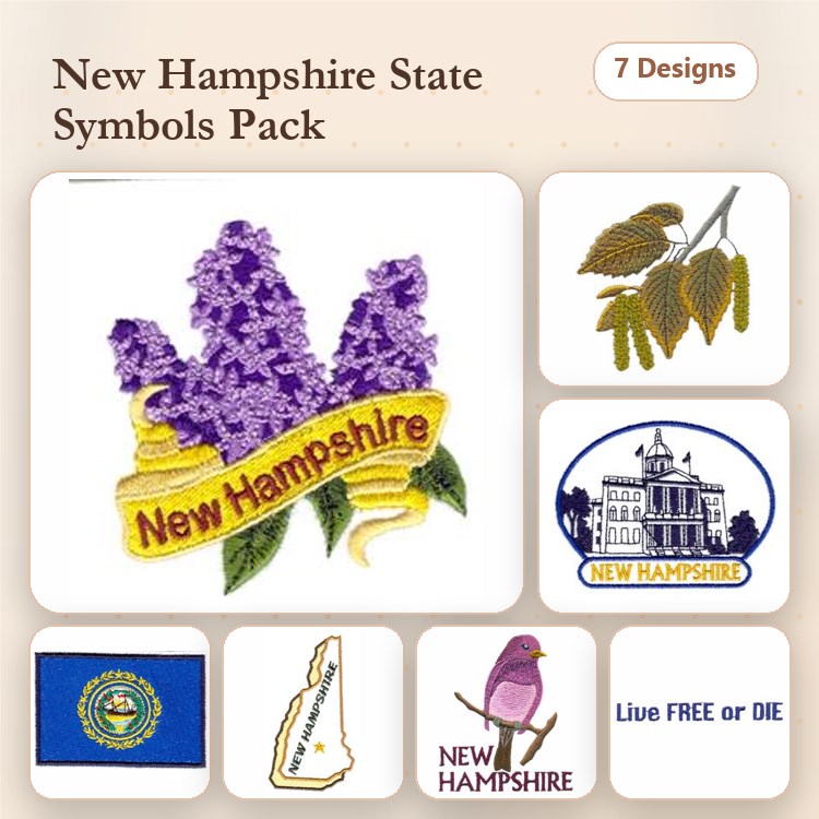 New Hampshire State Symbols Embroidery Designs Bundle – Purple Lilac, New Hampshire Banner, Hickory Leaf & More (7 Designs)