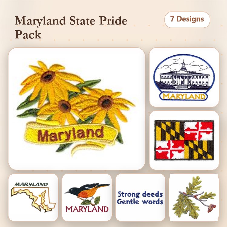Maryland State Pride Embroidery Designs Bundle – Black Eyed Susan Flower, State Flag, Seal & More (7 Designs)