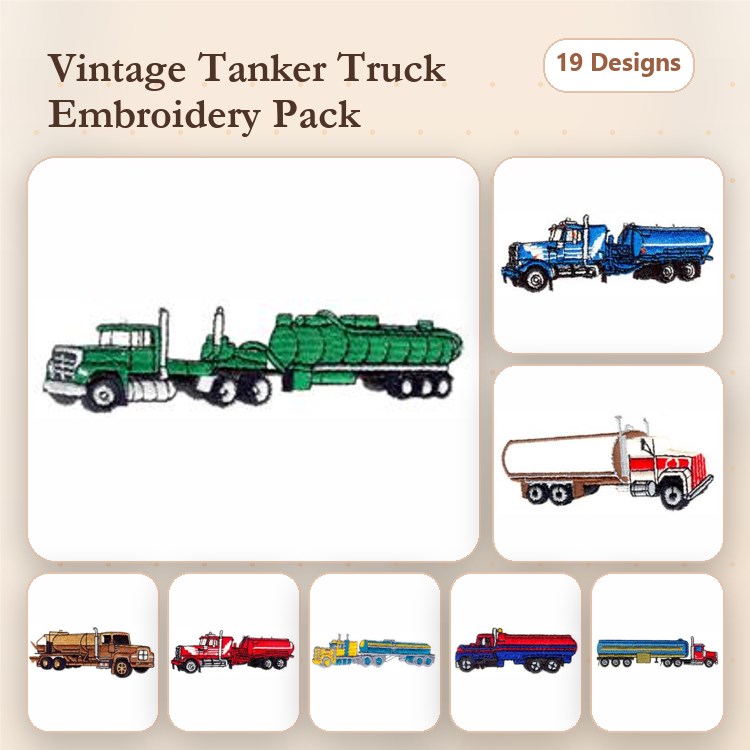 Classic Tanker Trucks Embroidery Designs Bundle – Green, Red, Blue, & More (19 Designs)
