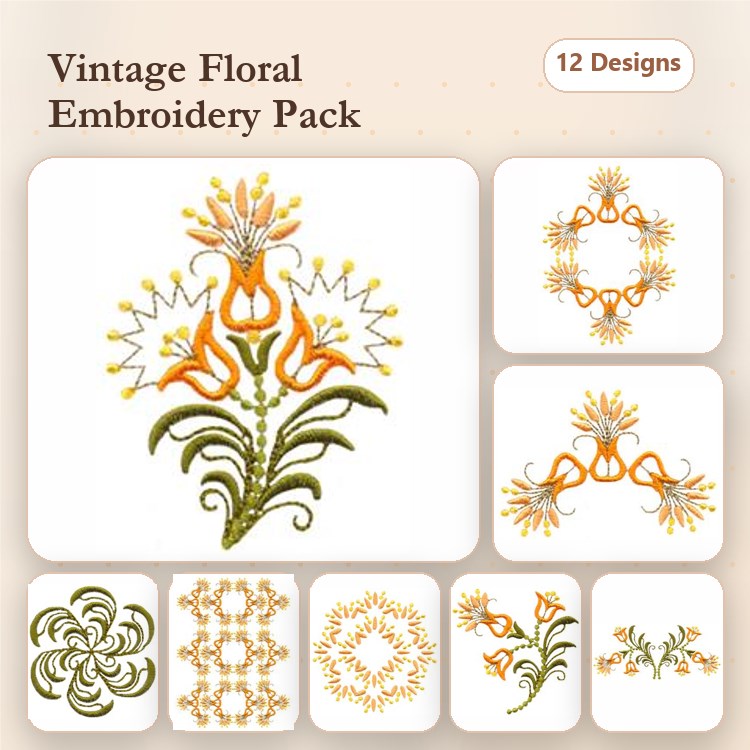 Floral Embroidery Bundle – Vintage Floral Bouquet, Ornate Floral Motif, Floral Vine Design & More (12 Designs)