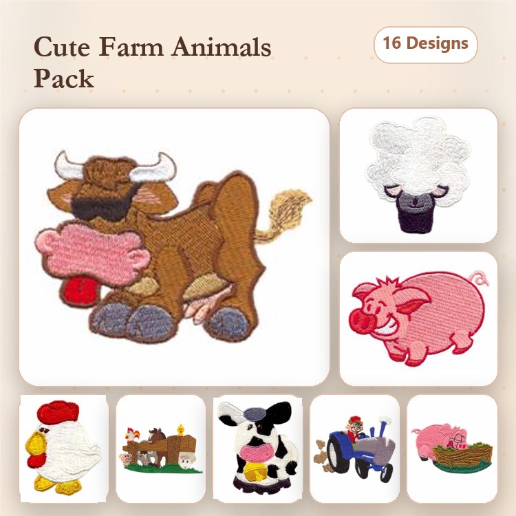 Farm Animal Embroidery Bundle – Cow with Milk, Sheep, Pig, Chicken & More (16 Designs)