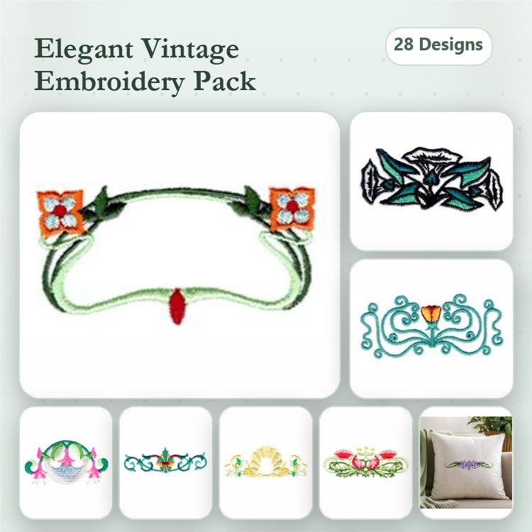 Elegant Floral Embellishments Embroidery Designs Bundle – Floral Border, Decorative Rose, Tulip Motif & More (28 Designs)