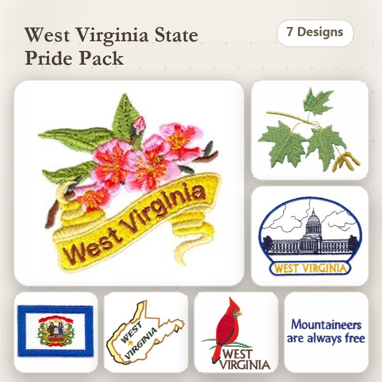 West Virginia State Pride Embroidery Designs Bundle – State Flower with Banner, Cardinal Bird, Capitol Building & More (7 Designs)