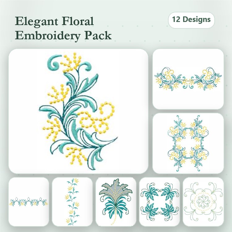 Elegant Floral Embroidery Designs Bundle – Floral Vine with Yellow Flowers, Ornate Floral Motif, Lacy Floral Border & More (12 Designs)