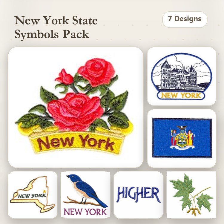 New York State Symbols Embroidery Designs Bundle – New York State Rose, Skyline, Flag & More (7 Designs)