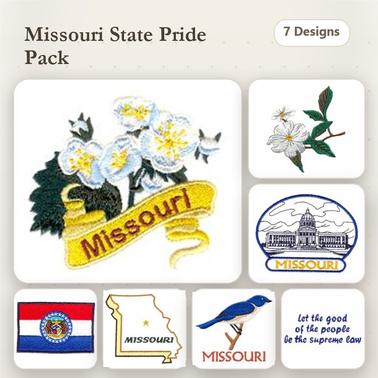 Missouri State Pride Embroidery Designs Bundle – State Flower, Flag, Capitol Building & More (7 Designs)