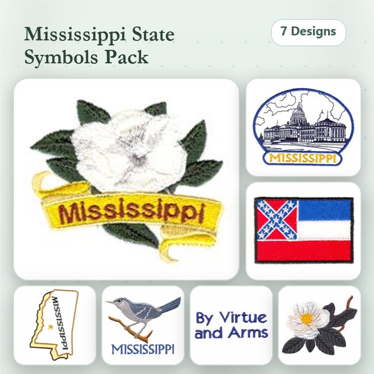 Mississippi State Symbols Embroidery Bundle – Magnolia Flower, State Seal, Mockingbird & More (7 Designs)