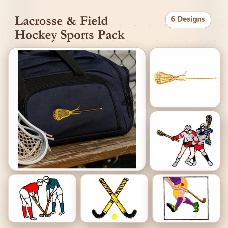 Lacrosse and Field Hockey Embroidery Bundle – Lacrosse Stick, Field Hockey Player in Action & More (6 Designs)