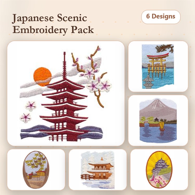 Japanese Scenic Embroidery Designs Bundle – Pagoda with Cherry Blossoms, Mount Fuji, Woman in Kimono & More (6 Designs)