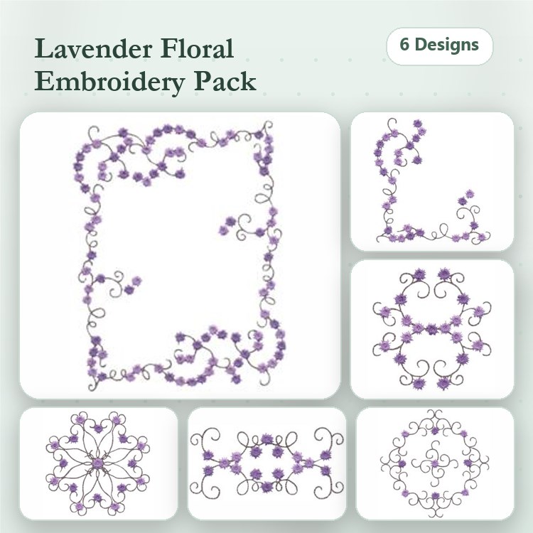Lavender Floral Embroidery Designs Bundle – Frame, Corner, Ornament & More (6 Designs)