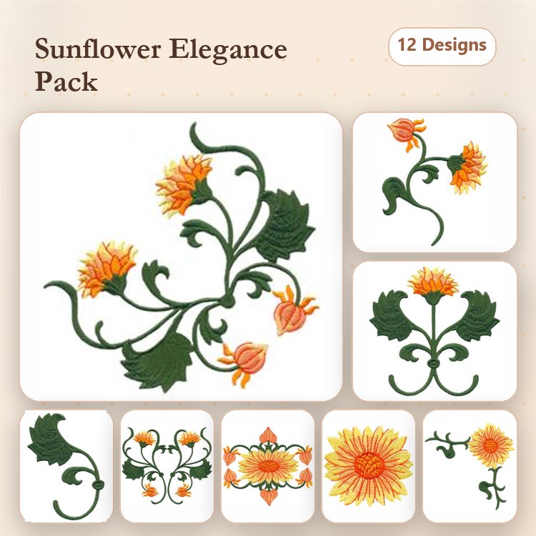 Floral Sunflower Embroidery Designs Bundle – Sunflower Stem with Leaves, Single Sunflower, Sunflower Vine & More (12 Designs)