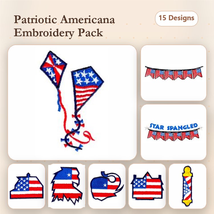 Patriotic Americana Embroidery Designs Bundle – Kite with Stars and Stripes, Patriotic Banner, American Flag & More (15 Designs)