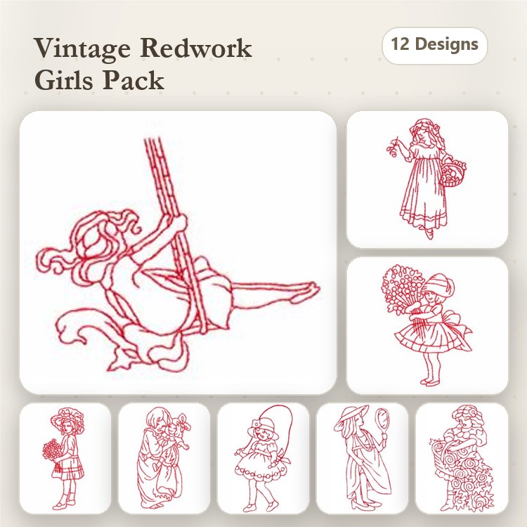 Redwork Vintage Girls Embroidery Designs Bundle – Girl on Swing, Girl with Doll, Dancing Girl & More (12 Designs)