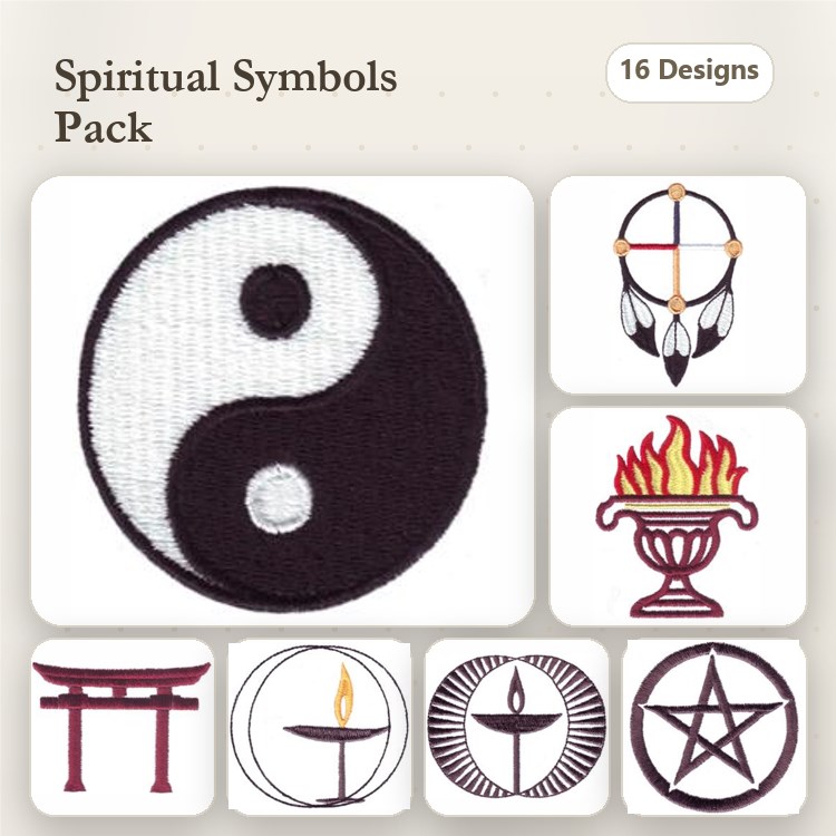 Spiritual Symbols Embroidery Designs Bundle – Yin Yang, Dreamcatcher, Flame in Bowl & More (16 Designs)