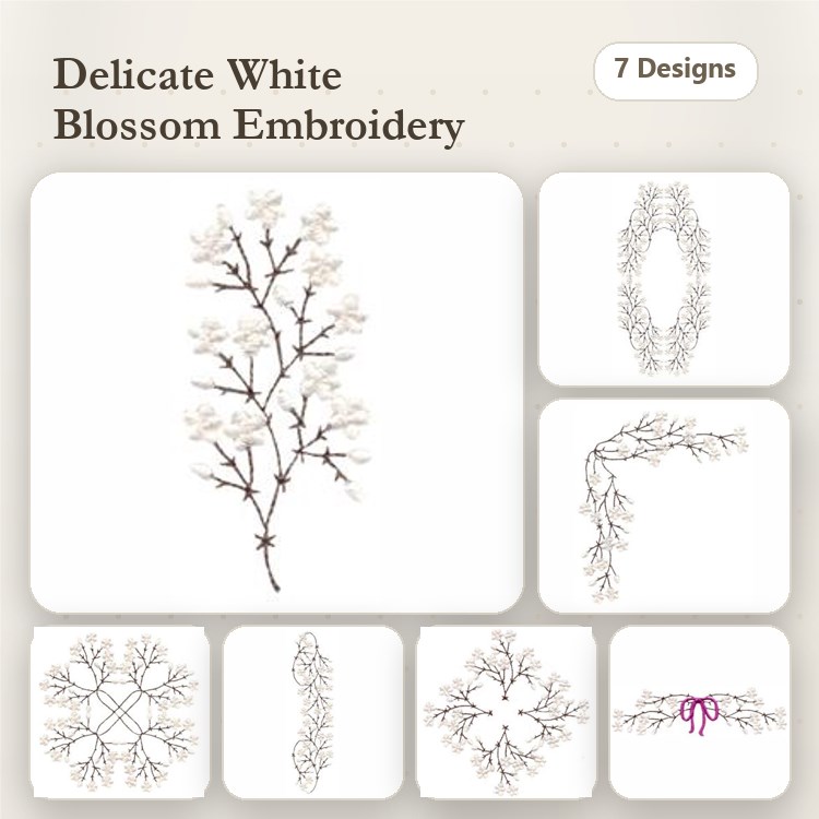 Floral Embellishments Embroidery Bundle – White Blossom Branch, Wreath, Corner & More (7 Designs)