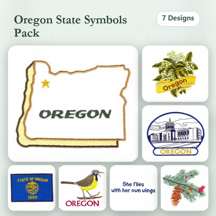 Oregon State Symbols Embroidery Designs Bundle – State Outline, Seal, Bird & More (7 Designs)