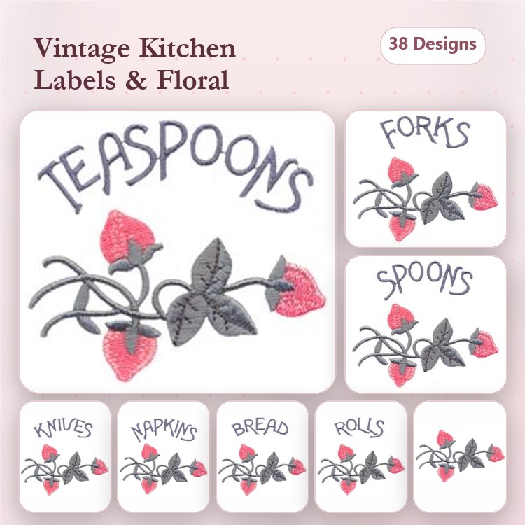 Vintage Kitchen Labels & Floral Embroidery Designs Bundle – Teaspoons, Forks, Spoons & More (38 Designs)