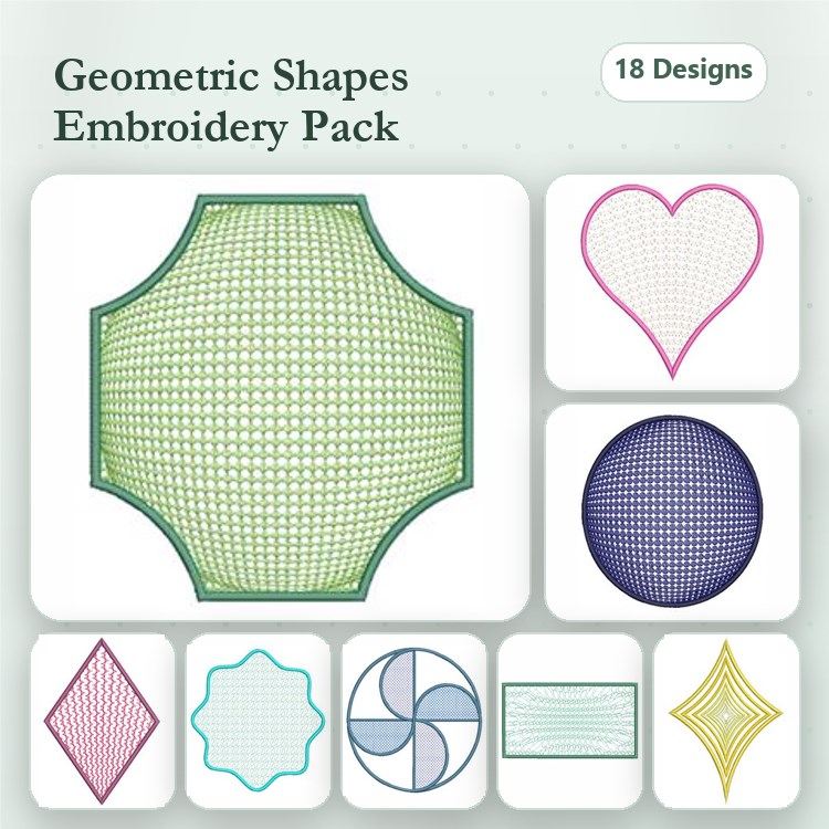 Geometric Shapes Embroidery Designs Bundle – Hexagon, Heart, Circle & More (18 Designs)