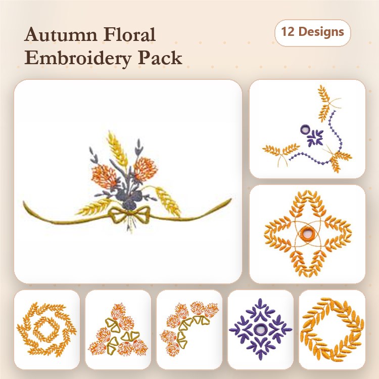 Autumn Floral Embroidery Bundle – Floral Bouquet, Wheat Garland, Flower Circle & More (12 Designs)