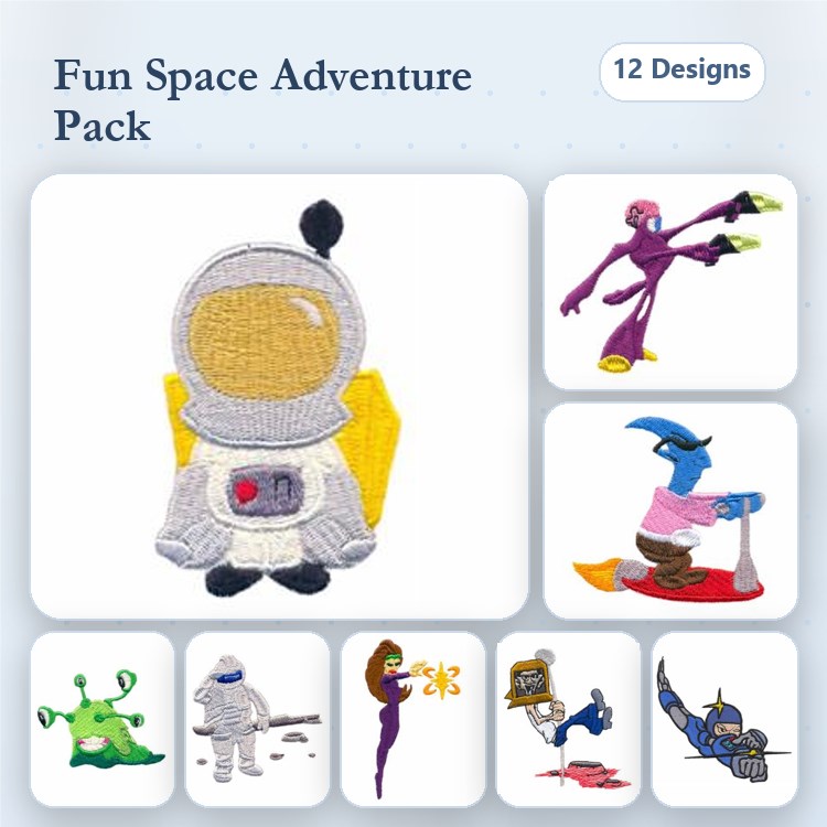 Space Adventure Characters Embroidery Designs Bundle – Astronaut, Alien Creature, Space Pirate & More (12 Designs)