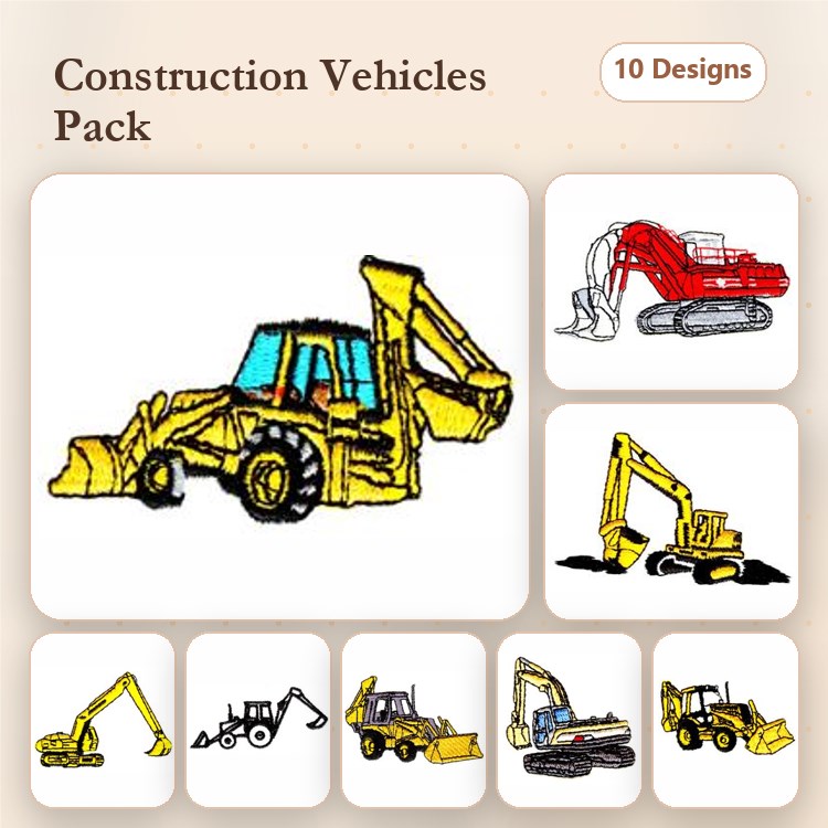 Construction Vehicles Embroidery Bundle – Backhoe Loader, Excavator, Bulldozer, Dump Truck & More (10 Designs)
