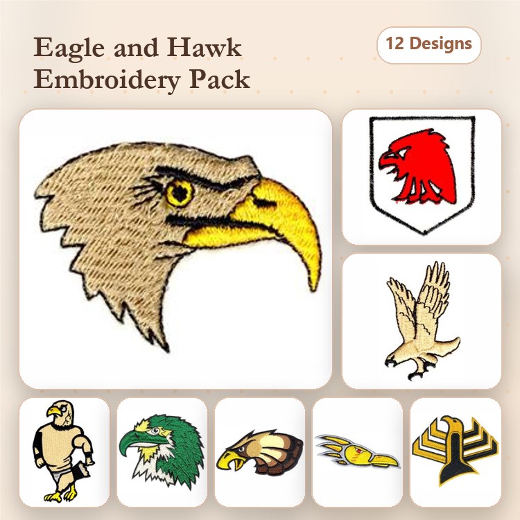 Eagles & Hawks Embroidery Bundle – Eagle Head, Hawk in Flight, Eagle with Shield & More (12 Designs)